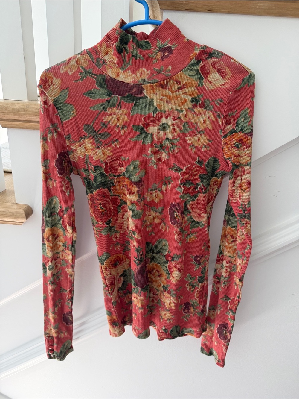 Sezane Rose Red Floral Mock Neck Long Sleeve Top